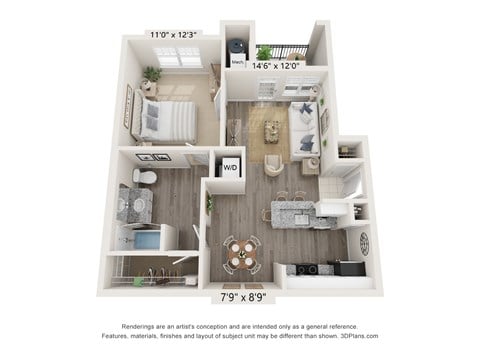 Floor plan for 1 bed, 1 bath, 671 sqft